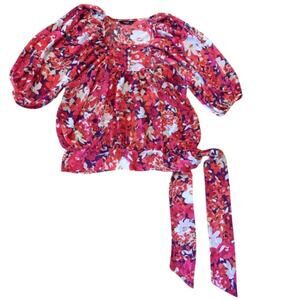 Sheer Pink/Purple Floral Puffed Sleeve Peasant Top w/ Sash (L)